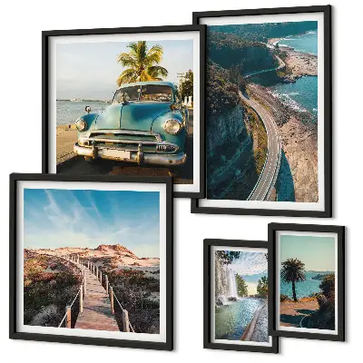 Modernes Wandbilder-Set mit Motiven aus Landschaften, Reisen, Autos und Natur