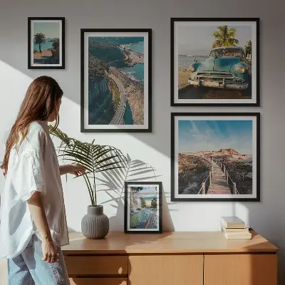 Modernes Wandbilder-Set mit Motiven aus Landschaften, Reisen, Autos und Natur