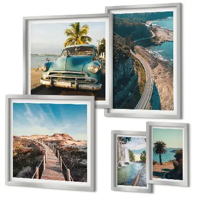 Modernes Wandbilder-Set mit Motiven aus Landschaften, Reisen, Autos und Natur