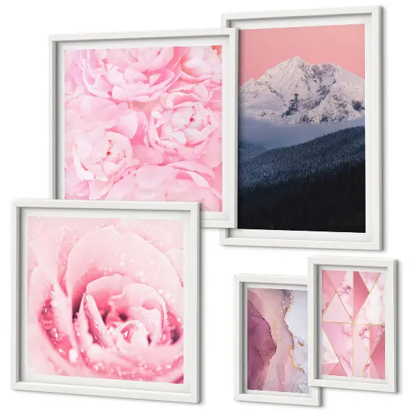Modernes Wandbilder-Set mit rosa Landschaften und modernen Blumen