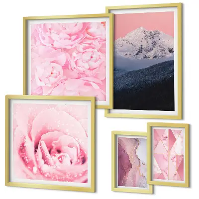 Modernes Wandbilder-Set mit rosa Landschaften und modernen Blumen