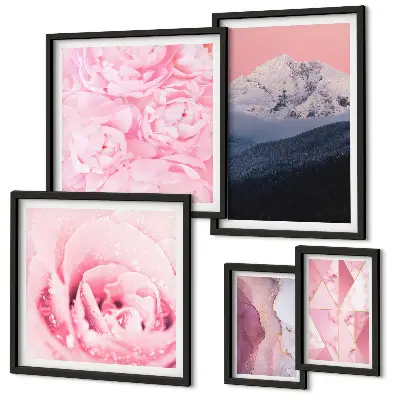 Modernes Wandbilder-Set mit rosa Landschaften und modernen Blumen