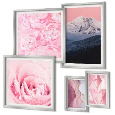 Modernes Wandbilder-Set mit rosa Landschaften und modernen Blumen