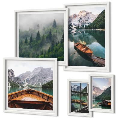 Modernes wandbilder-set Boote auf ruhigen Bergseen