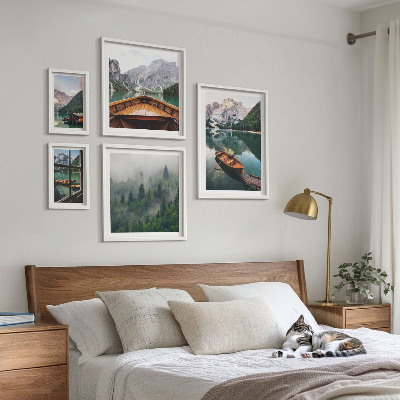 Modernes wandbilder-set Boote auf ruhigen Bergseen