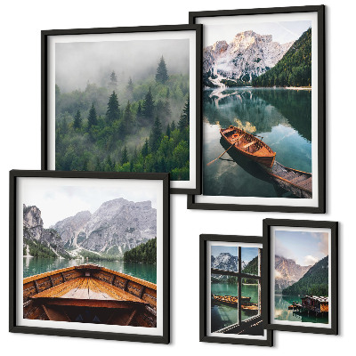 Modernes wandbilder-set Boote auf ruhigen Bergseen