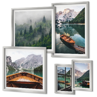 Modernes wandbilder-set Boote auf ruhigen Bergseen