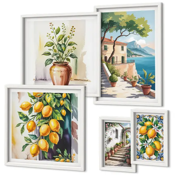 Modernes Wandbilder-Set mit Landschaften, Zitrusbäumen und Vegetation