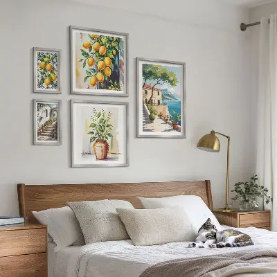 Modernes Wandbilder-Set mit Landschaften, Zitrusbäumen und Vegetation