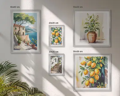 Modernes Wandbilder-Set mit Landschaften, Zitrusbäumen und Vegetation