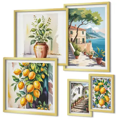 Modernes Wandbilder-Set mit Landschaften, Zitrusbäumen und Vegetation