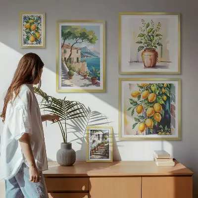 Modernes Wandbilder-Set mit Landschaften, Zitrusbäumen und Vegetation