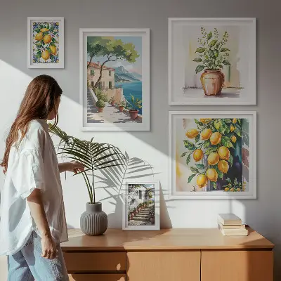 Modernes Wandbilder-Set mit Landschaften, Zitrusbäumen und Vegetation