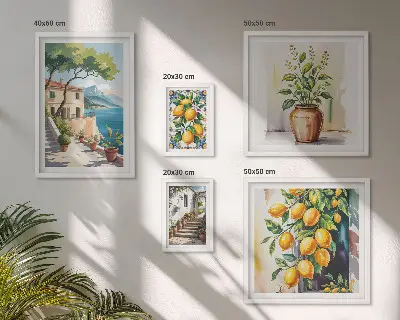Modernes Wandbilder-Set mit Landschaften, Zitrusbäumen und Vegetation