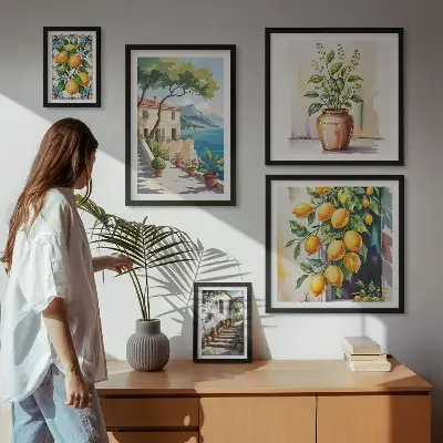 Modernes Wandbilder-Set mit Landschaften, Zitrusbäumen und Vegetation