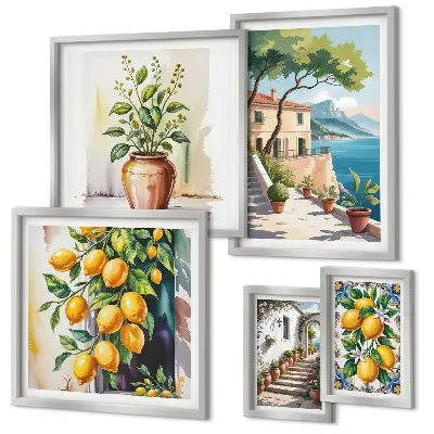 Modernes Wandbilder-Set mit Landschaften, Zitrusbäumen und Vegetation