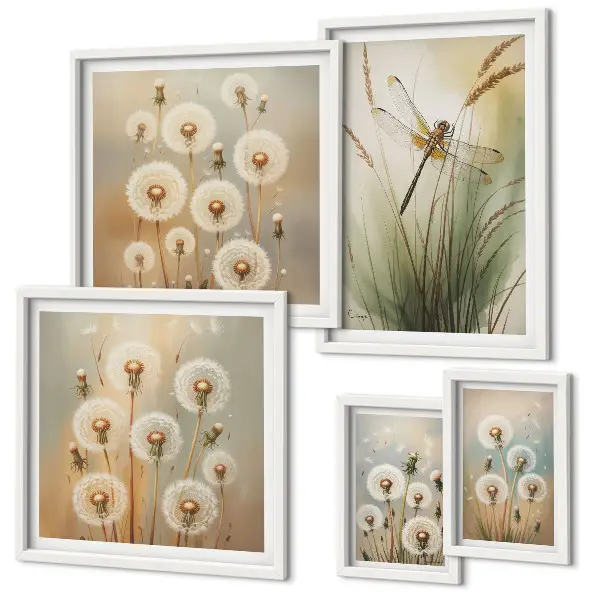 Bildergalerien-Set für die Wand mit Blumenmotiven von Libellen und Löwenzahn