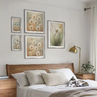 Bildergalerien-Set für die Wand mit Blumenmotiven von Libellen und Löwenzahn