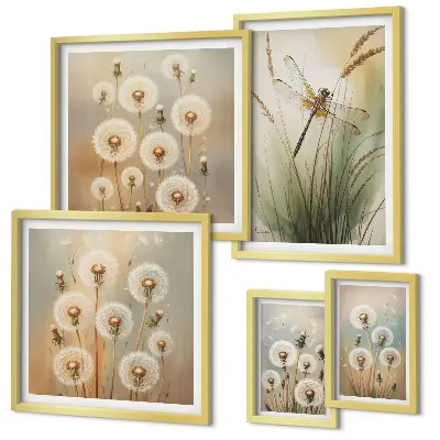 Bildergalerien-Set für die Wand mit Blumenmotiven von Libellen und Löwenzahn