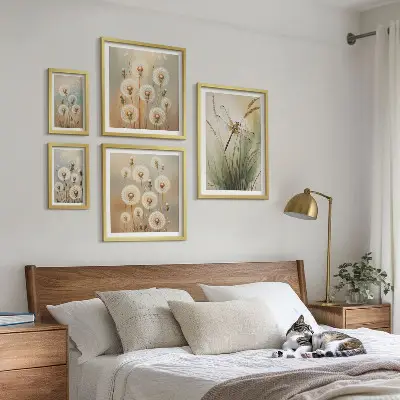 Bildergalerien-Set für die Wand mit Blumenmotiven von Libellen und Löwenzahn