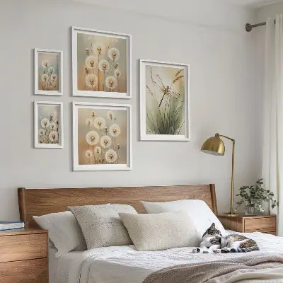 Bildergalerien-Set für die Wand mit Blumenmotiven von Libellen und Löwenzahn