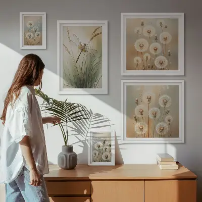 Bildergalerien-Set für die Wand mit Blumenmotiven von Libellen und Löwenzahn