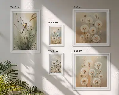 Bildergalerien-Set für die Wand mit Blumenmotiven von Libellen und Löwenzahn