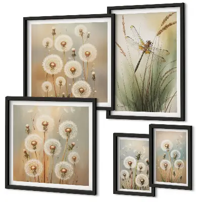 Bildergalerien-Set für die Wand mit Blumenmotiven von Libellen und Löwenzahn
