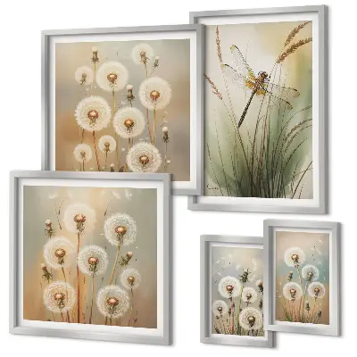 Bildergalerien-Set für die Wand mit Blumenmotiven von Libellen und Löwenzahn