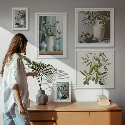 Bilderset fürs Sofa mit Motiv von grünen Oliven in einer Vase