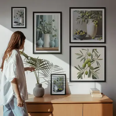 Bilderset fürs Sofa mit Motiv von grünen Oliven in einer Vase