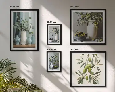 Bilderset fürs Sofa mit Motiv von grünen Oliven in einer Vase