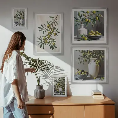 Modernes Wandbilder-Set mit olivfarbenen Akzenten im rustikalen Stil