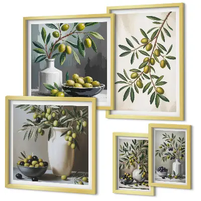 Modernes Wandbilder-Set mit olivfarbenen Akzenten im rustikalen Stil