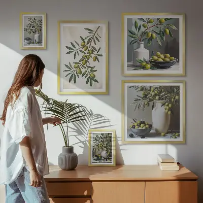 Modernes Wandbilder-Set mit olivfarbenen Akzenten im rustikalen Stil
