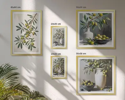 Modernes Wandbilder-Set mit olivfarbenen Akzenten im rustikalen Stil