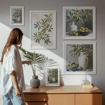 Modernes Wandbilder-Set mit olivfarbenen Akzenten im rustikalen Stil