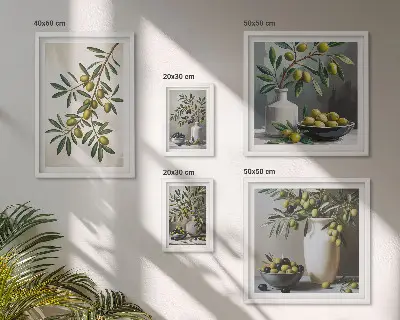 Modernes Wandbilder-Set mit olivfarbenen Akzenten im rustikalen Stil