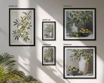 Modernes Wandbilder-Set mit olivfarbenen Akzenten im rustikalen Stil