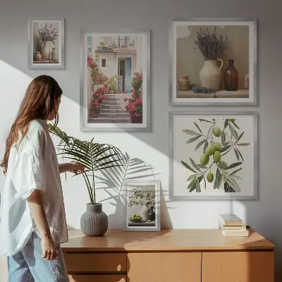 Bilderset fürs Sofa stilvolle Inneneinrichtung mit Blumen und Früchten