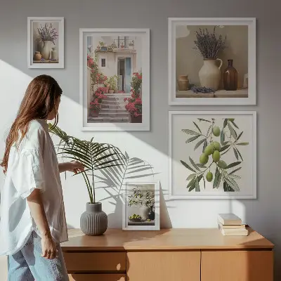 Bilderset fürs Sofa stilvolle Inneneinrichtung mit Blumen und Früchten