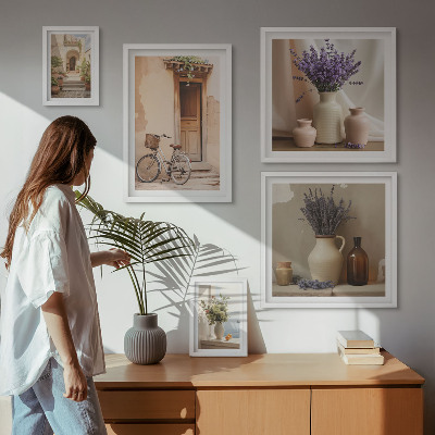 Modernes wandbilder-set Stilvolles Interieur mit Fahrrad und Blumen