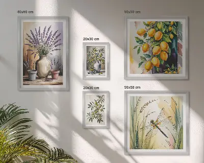 Bilderset fürs Sofa mit rustikalem Blumen, Zitronen und Oliven Motiv