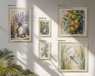 Bilderset fürs Sofa mit rustikalem Blumen, Zitronen und Oliven Motiv
