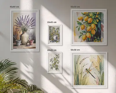 Bilderset fürs Sofa mit rustikalem Blumen, Zitronen und Oliven Motiv