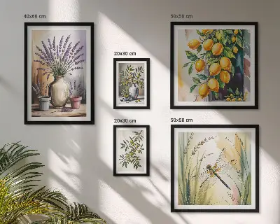 Bilderset fürs Sofa mit rustikalem Blumen, Zitronen und Oliven Motiv