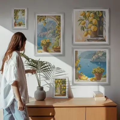 Modernes Wandbilder-Set mit Zitronenakzenten aus der Provence am Meer