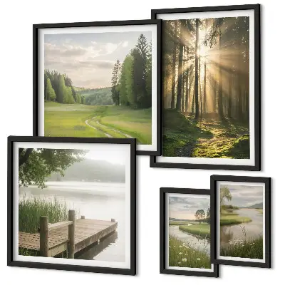 Modernes Wandbilderset Waldlandschaften mit Sonne und Wasser