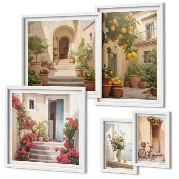 Modernes Wandbilder-Set mit Motiven von Straßen, Blumen und Zitrusfrüchten aus der Provence