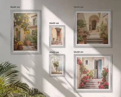 Modernes Wandbilder-Set mit Motiven von Straßen, Blumen und Zitrusfrüchten aus der Provence
